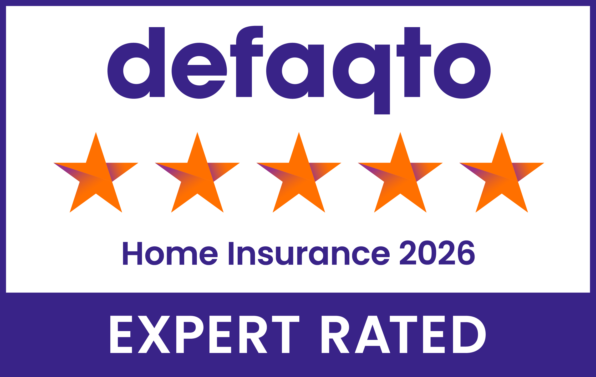 Image showing Defaqto logo with five stars and the text “Home Insurance 2026 – Expert Rated”