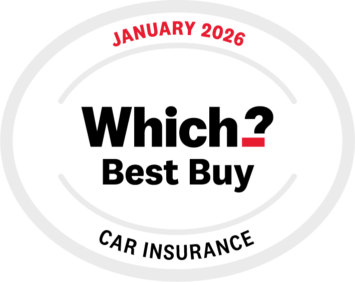 Which? Best Buy Car Insurance badge for January 2026, showing the Which? logo inside a grey oval.